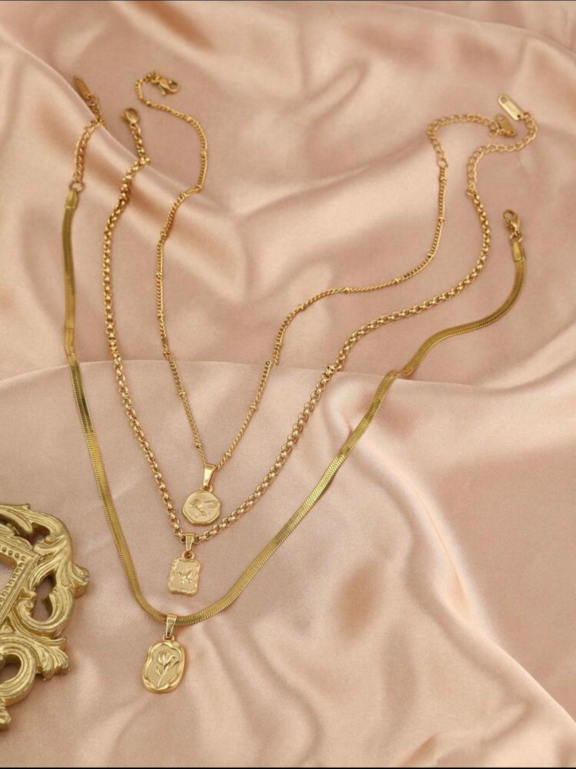 3 pcs Layered Necklace Set-Gold Stainless Flower, Butterfly& Rabbit Engraved Pendants