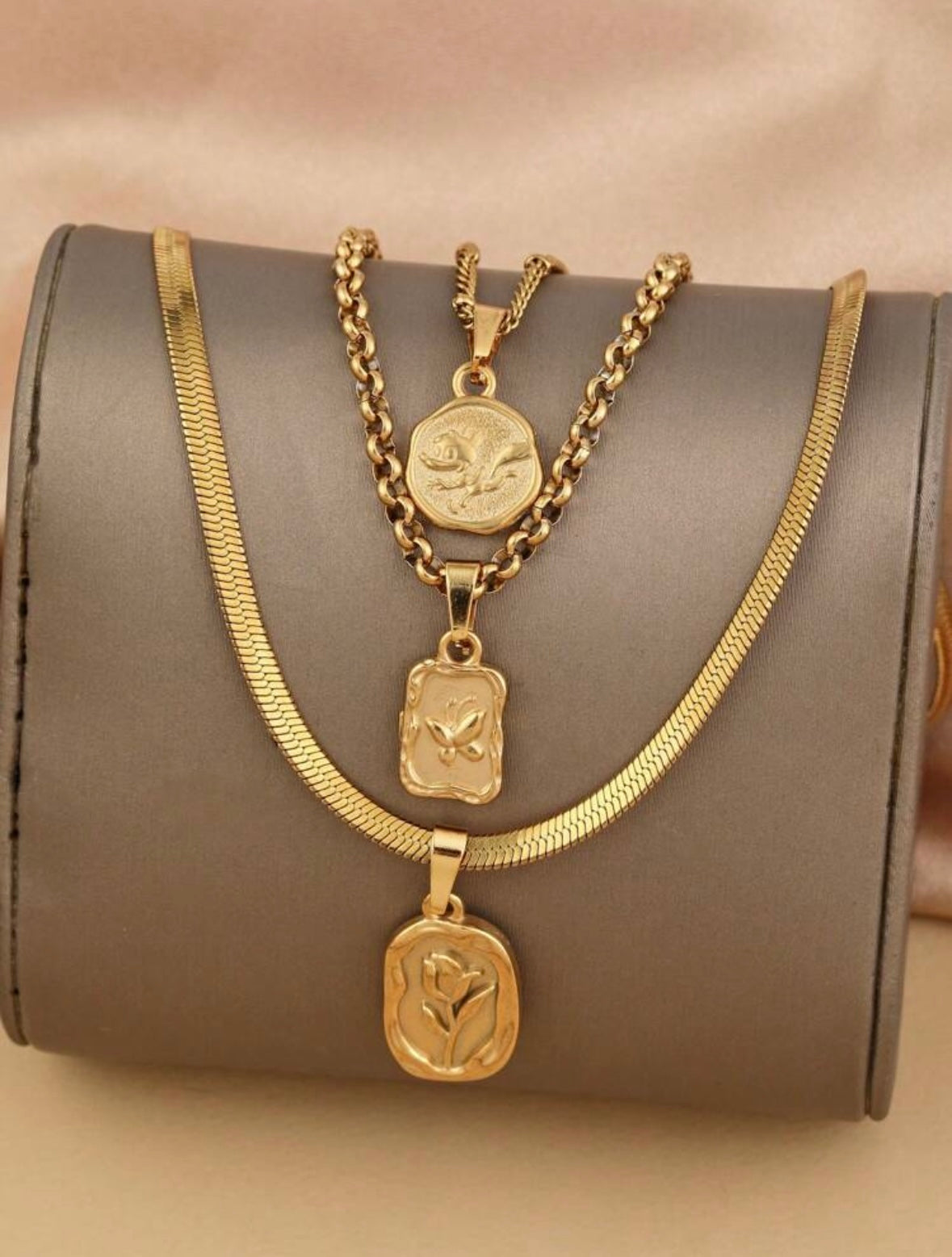 3 pcs Layered Necklace Set-Gold Stainless Flower, Butterfly& Rabbit Engraved Pendants