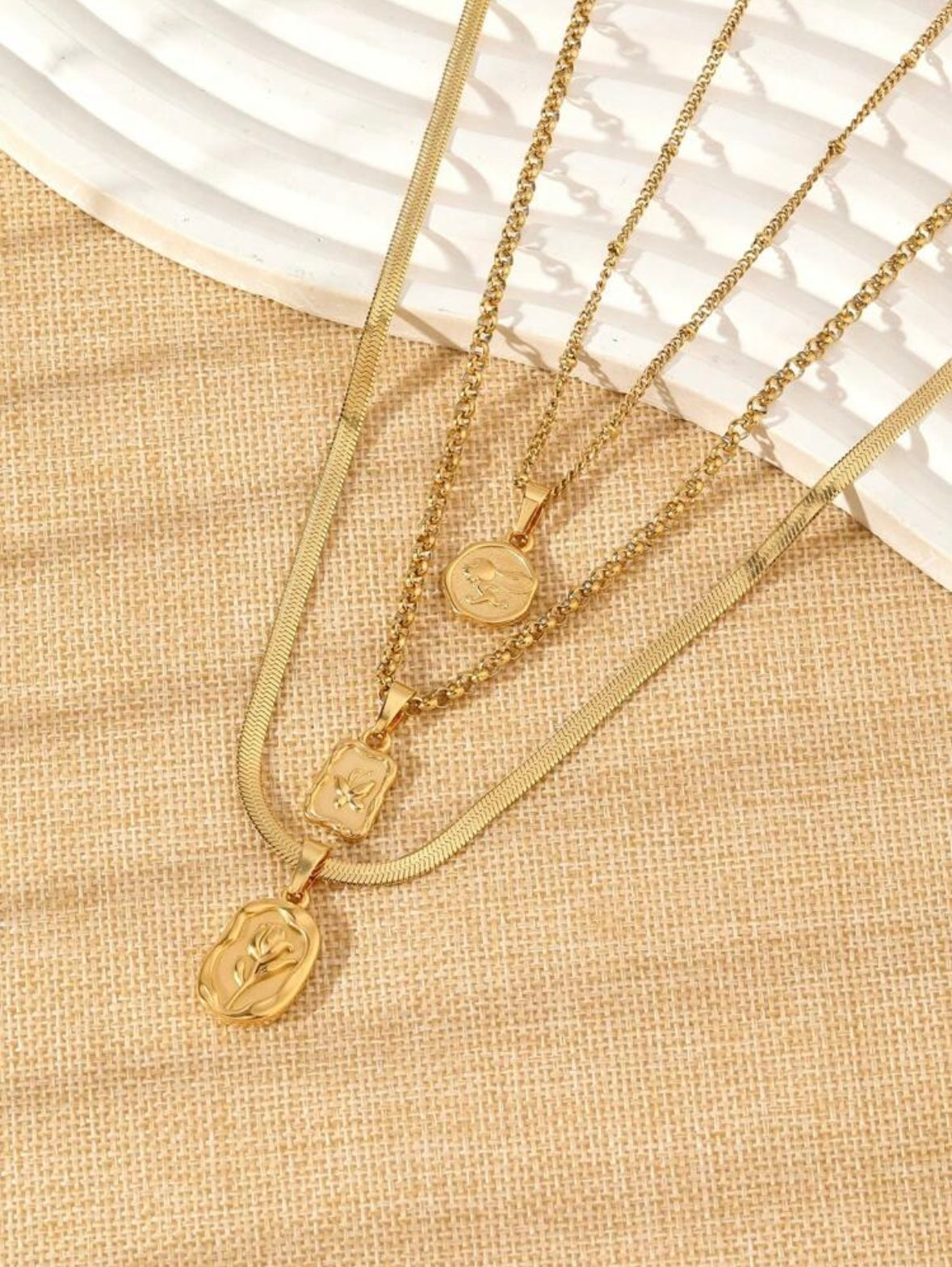 3 pcs Layered Necklace Set-Gold Stainless Flower, Butterfly& Rabbit Engraved Pendants